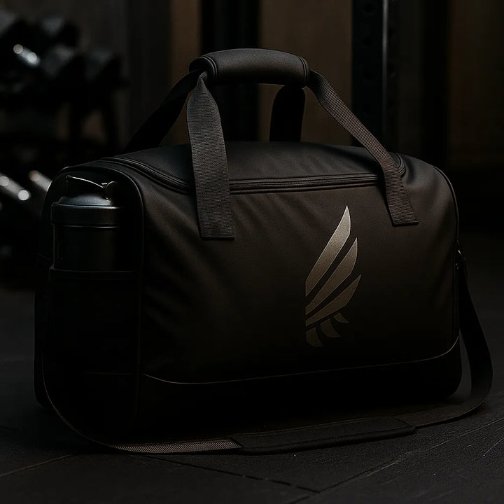 NIVɅYS gym bag with included shaker bottle, made from durable and sustainable recycled materials.